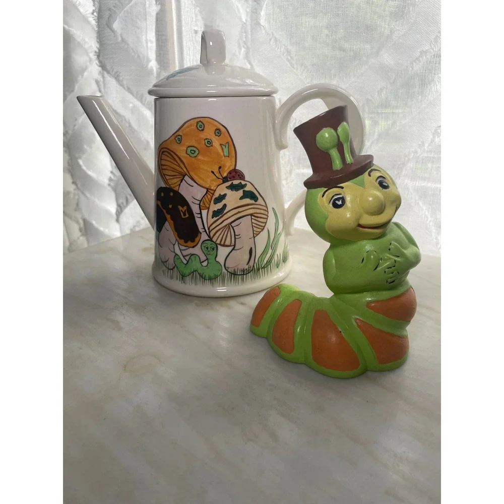 Vintage Mushroom Teapot and Top Hat Caterpillar Figurine Set Ceramic Handpainted